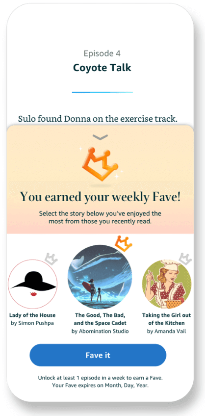 Kindle Vella |  Captura de tela da mensagem no aplicativo dizendo "Você ganhou sua preferência semanal"